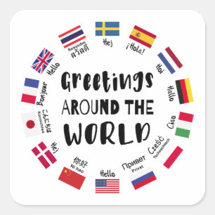 Pegatina Cuadrada Saludos alrededor del mundo, Hola en todos los idi