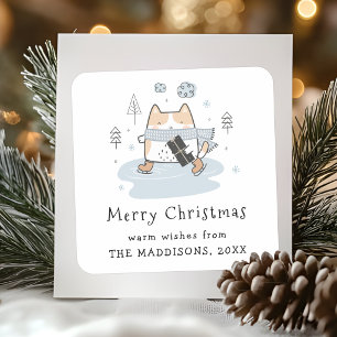 Pegatina Cuadrada Saludos de Navidad de gato de patinaje Kawaii lind