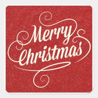 Pegatina Cuadrada Saludos de Navidad Feliz con Purpurina Roja