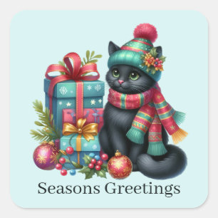 Pegatina Cuadrada Saludos de temporada Navidades gato agregar texto
