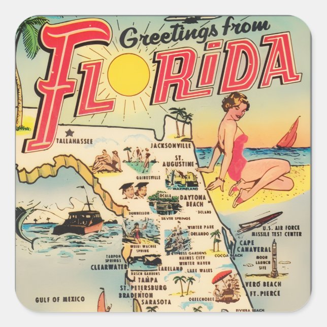 Pegatina Cuadrada Saludos desde Florida (Anverso)