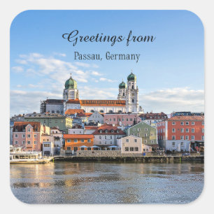 Pegatina Cuadrada Saludos desde Passau, Alemania