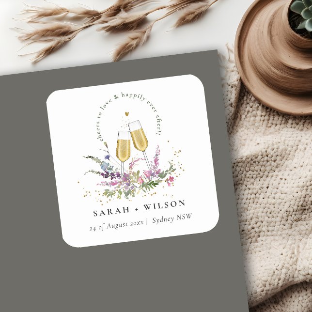 Pegatina Cuadrada Saludos para amar al Boda floral de gafas de oro (Subido por el creador)