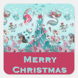 Pegatina Cuadrada Saludos personalizados a la sirena y amigos