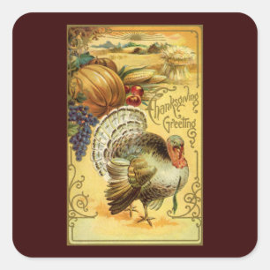 Pegatina Cuadrada Saludos vintage de Acción de Gracias con pavo