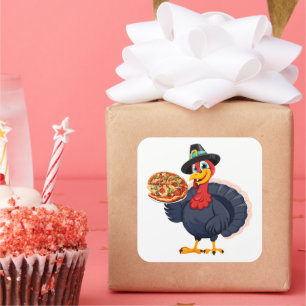 Pegatina Cuadrada Salva un pavo, come pizza divertida Feliz Día de A