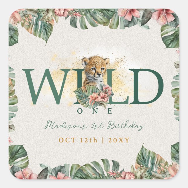 Pegatina Cuadrada Salvaje Un Animal Guepard Niño Primer Cumpleaños (Anverso)