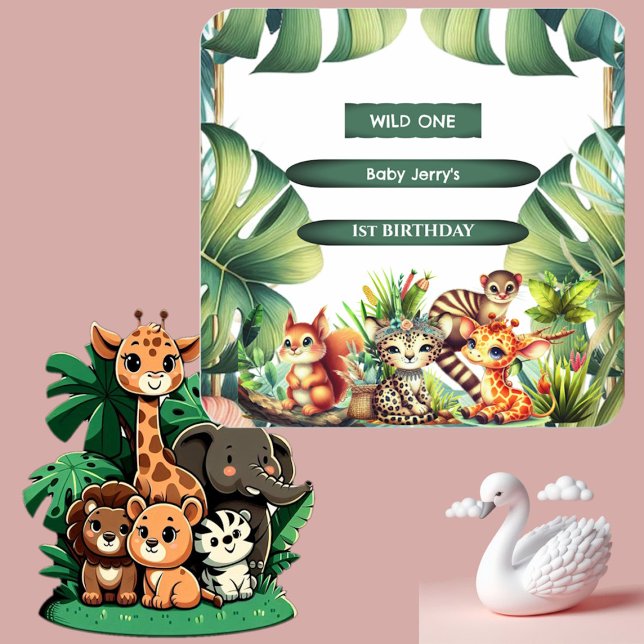 Pegatina Cuadrada Salvaje Un Cumpleaños Selva Safari Verdor Tropical (Wild One Birthday Jungle Safari Tropical Greenery Square Sticker)