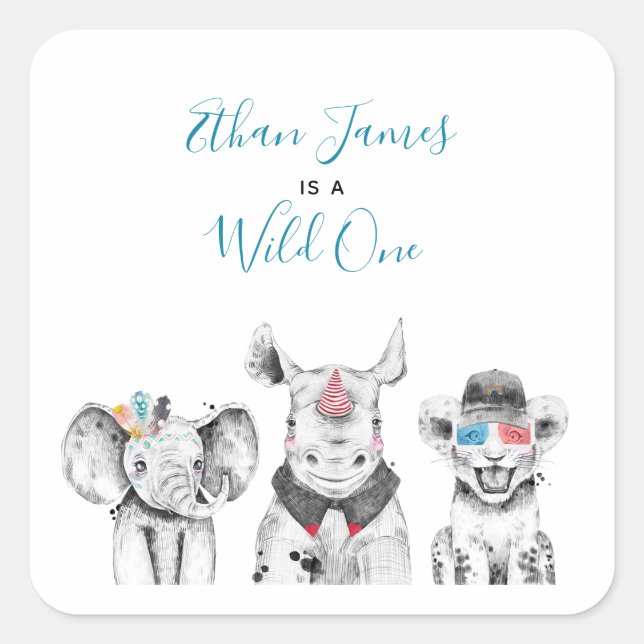 Pegatina Cuadrada Salvaje Un Safari Animal Nacimiento Azul Blanco Ne (Anverso)