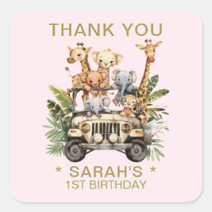 Pegatina Cuadrada Salvaje Una Selva Safari Primer cumpleaños Gracias