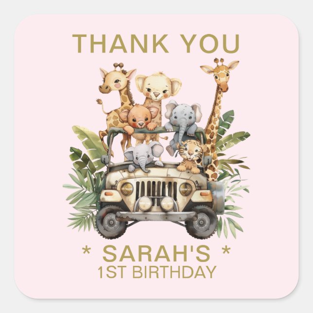 Pegatina Cuadrada Salvaje Una Selva Safari Primer cumpleaños Gracias (Anverso)