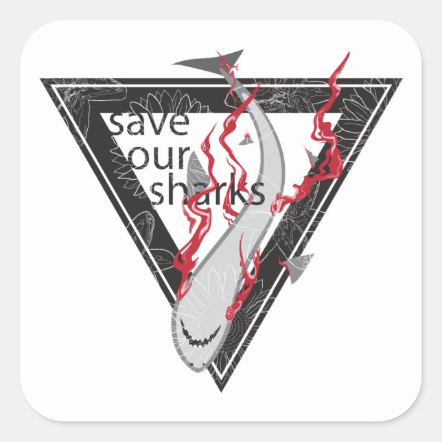 Pegatina Cuadrada salvar a nuestros tiburones SOS triángulo floral (Anverso)