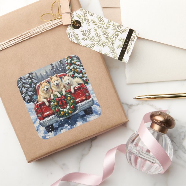 Pegatina Cuadrada Samoyed Christmas Red Truck Holiday (Regalar)