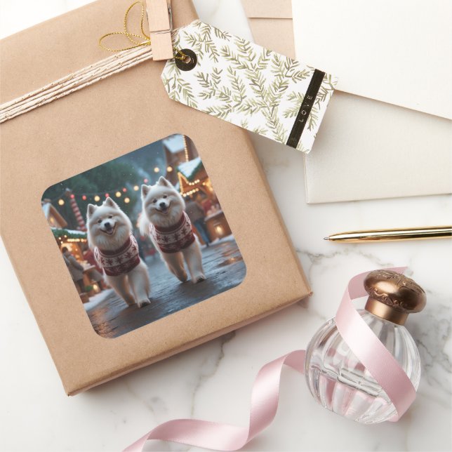 Pegatina Cuadrada Samoyed Dogs Christmas Snow Holiday (Regalar)