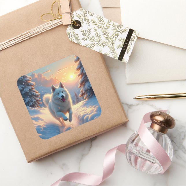 Pegatina Cuadrada Samoyed Snowy Mountain Adventure Christmas (Regalar)
