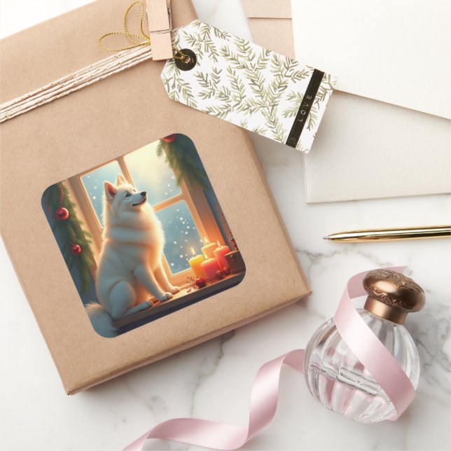 Pegatina Cuadrada Samoyed Under the Mistletoe Christmas Painting (Regalar)