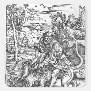 Pegatina Cuadrada Samson matando al león, c.1496-98