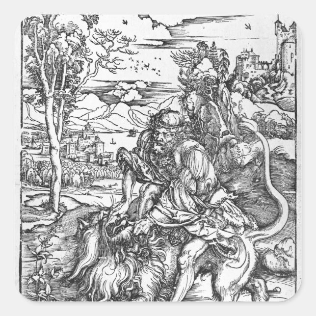 Pegatina Cuadrada Samson matando al león, c.1496-98 (Anverso)