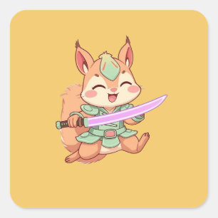 Pegatina Cuadrada Samurái de ardilla Kawaii.