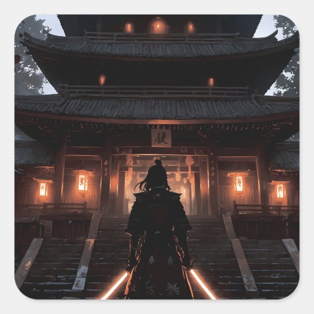 Pegatina Cuadrada Samurai in front of a Japanese temple (Anverso)
