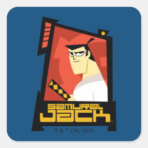 Pegatina Cuadrada Samurai Jack sonriendo gráfico de marco futurista