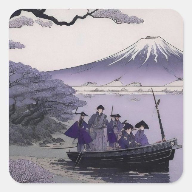 Pegatina Cuadrada Samurai Sticker Mount Fuji Japanese Art (Anverso)