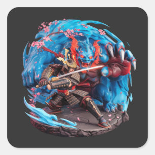 Pegatina Cuadrada Samurai vs Oni de cultura folclórica japonesa Demo