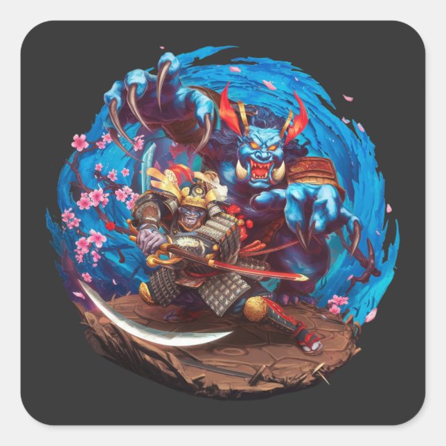 Pegatina Cuadrada Samurai y Demon Japón Folklore Culture Oni (Anverso)