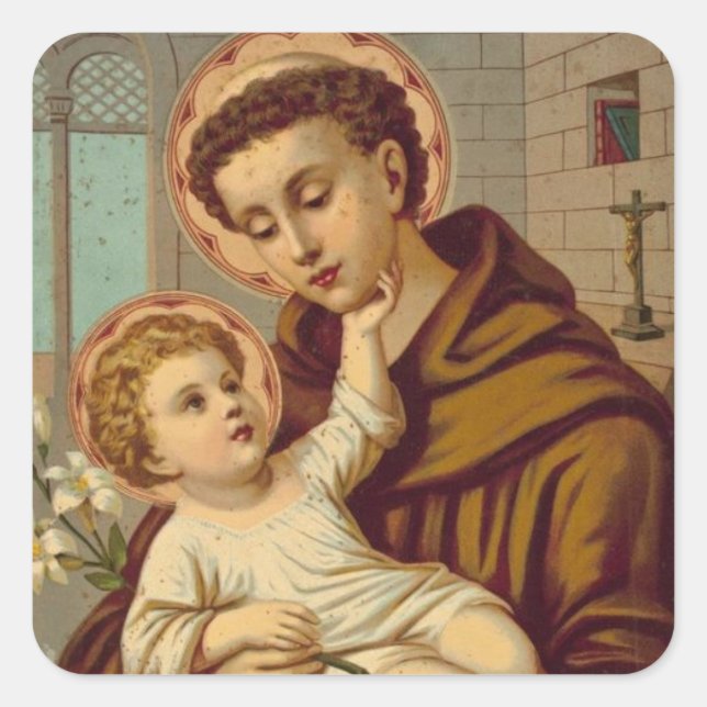 Pegatina Cuadrada San Antonio de Padua Niño Jesús (Anverso)
