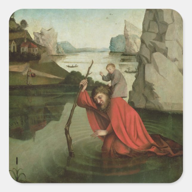Pegatina Cuadrada San Cristóbal cargando al niño Cristo (Anverso)