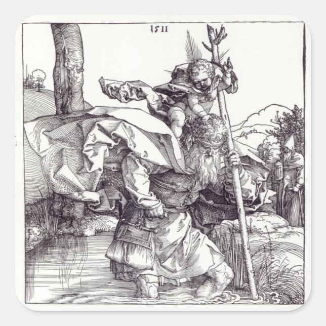 Pegatina Cuadrada San Cristóbal llevando al Cristo Infantil, 1511 (Anverso)