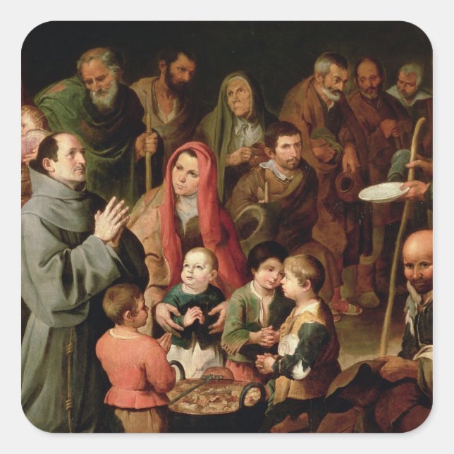 Pegatina Cuadrada San Diego de Alcalá dando comida a los pobres (Anverso)