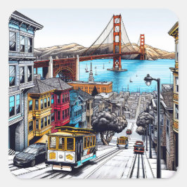 Pegatina Cuadrada San Francisco, California Comic Book Style Art