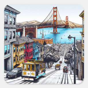 Pegatina Cuadrada San Francisco, California Comic Book Style Art