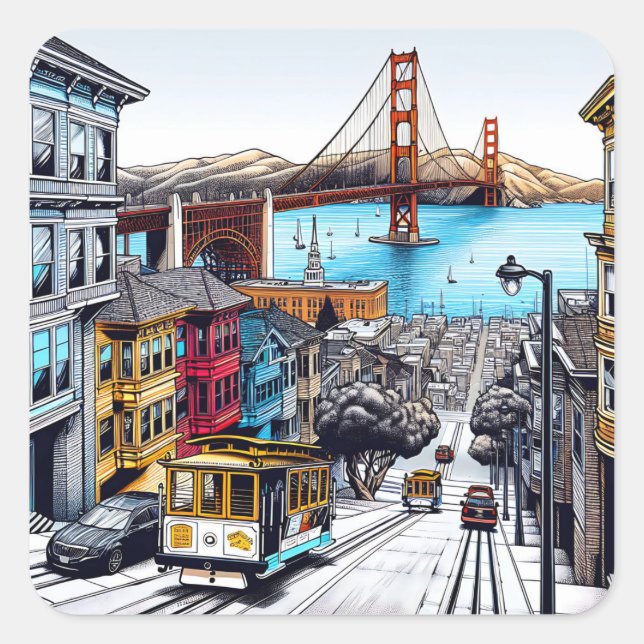 Pegatina Cuadrada San Francisco, California Comic Book Style Art (Anverso)