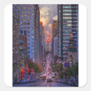 Pegatina Cuadrada San Francisco California Street horizonte brillo