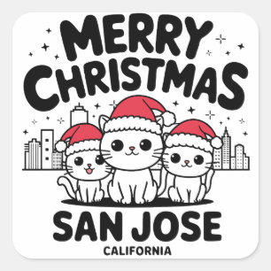Pegatina Cuadrada San José City California Feliz Navidad Cats EE.UU.
