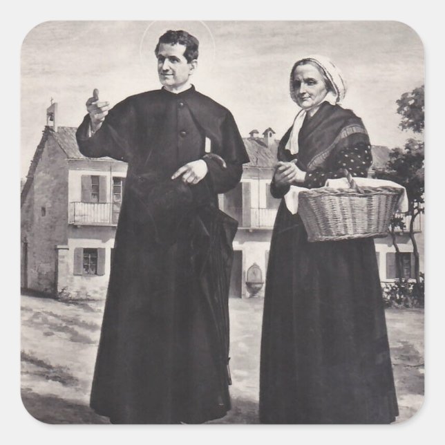 Pegatina Cuadrada San Juan Bosco con Madre (Anverso)