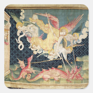 Pegatina Cuadrada San Miguel y sus ángeles luchando contra el dragón