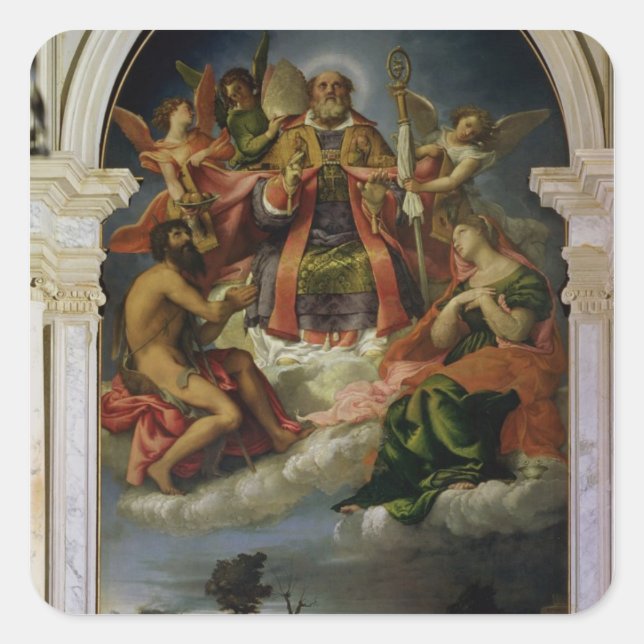 Pegatina Cuadrada San Nicolás en Gloria con Santos (Anverso)