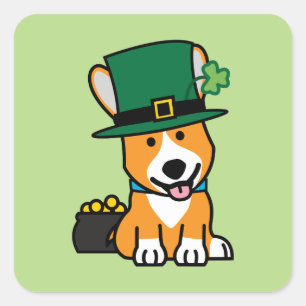 Pegatina Cuadrada San Patricio Corgi Leprechaun Perro Perro Cachorro