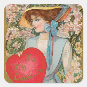 Pegatina Cuadrada San Valentín antiguo, dama victoriana con corazón