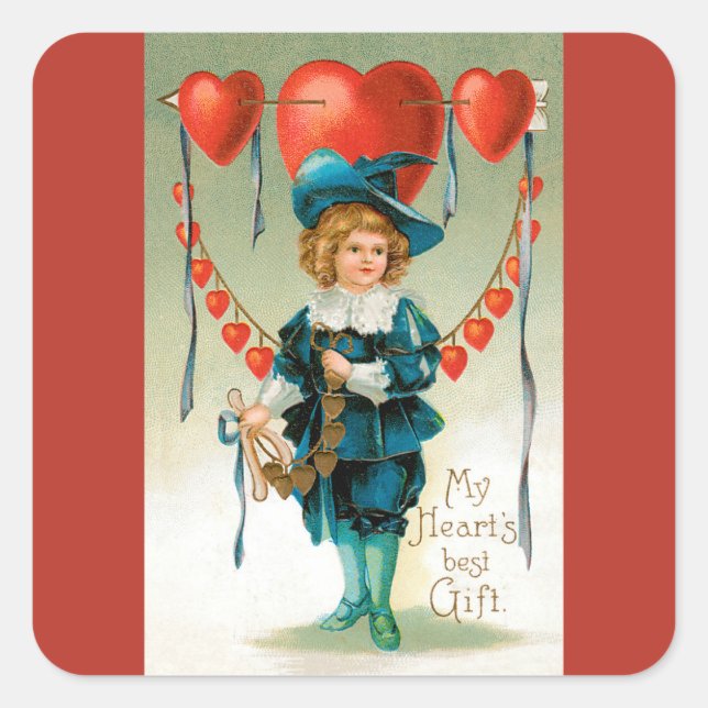 Pegatina Cuadrada San Valentín antiguo, niño victoriano con corazone (Anverso)