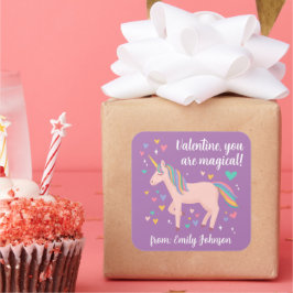 Pegatina Cuadrada San Valentín de niños morado mágico de unicornio