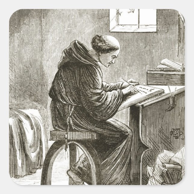 Pegatina Cuadrada San Vicente escribiendo en su celda en Ferins, de  (Anverso)