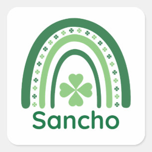 Pegatina Cuadrada Sancho Nombre Trébol Boho Arcoíris