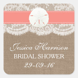 Pegatina Cuadrada Sand Dollar Beach Bridal Shower - Coral