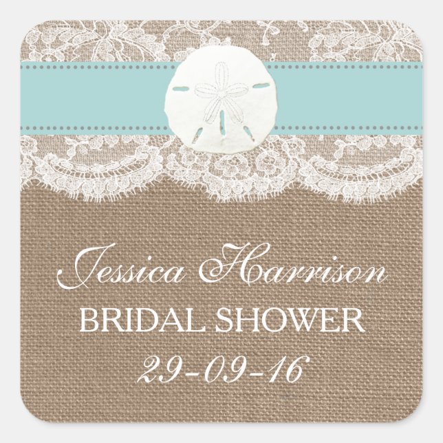 Pegatina Cuadrada Sand Dollar Beach Bridal Shower - Turquesa (Anverso)