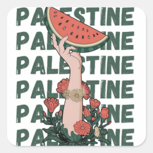 Pegatina Cuadrada sandía, flores y texto palestino Repetir