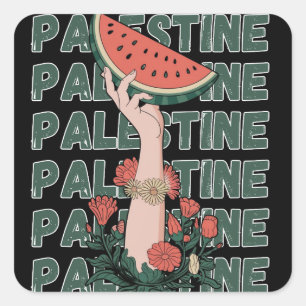 Pegatina Cuadrada sandía, flores y texto palestino Repetir